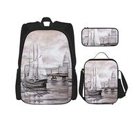 IUBBKI Set di 3 zaini con barca a vela, nave, città vecchia, borsa, astuccio e borsa per il pranzo, per uomini, donne, ragazzi e ragazze.