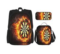 IUBBKI Set di 3 zaini con bersaglio per freccette in fiamme isolate su sfondo nero, borsa, astuccio e borsa per il pranzo, per uomini, donne, ragazzi e ragazze.