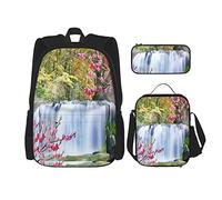 IUBBKI Set di 3 zaini con cascata, lago, ramo di pesco in fiore, paese delle meraviglie, borsa panoramica, astuccio portapenne, borsa per il pranzo, combinazione per uomini, donne, ragazzi e ragazze.