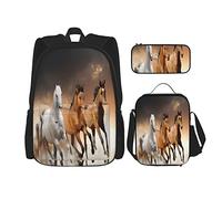 IUBBKI Set di 3 zaini con cavalli al tramonto, borsa, astuccio e borsa per il pranzo, per uomini, donne, ragazzi e ragazze.