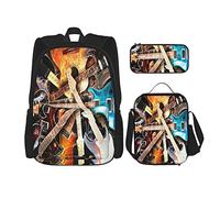 IUBBKI Set di 3 zaini con chitarra elettrica circondata da uno sfondo di fulmini, borsa per libri, astuccio portapenne e borsa per il pranzo, per uomini, donne, ragazzi e ragazze.