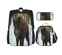 IUBBKI Set di 3 zaini con cinghiale marrone, alberi, zanne della giungla, neve invernale, nella borsa portapenne, borsa per il pranzo, per uomini, donne, ragazzi e ragazze.
