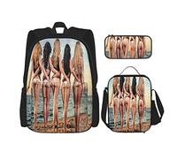 IUBBKI Set di 3 zaini con cinque bellissime donne in bikini sulla spiaggia, borsa, astuccio e borsa per il pranzo, per uomini, donne, ragazzi e ragazze.