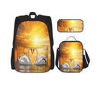 IUBBKI Set di 3 zaini con coppia innamorata, cigno bianco a forma di cuore sul lago al tramonto, borsa per libri, astuccio portapenne, borsa per il pranzo, per uomini, donne, ragazzi e ragazze.