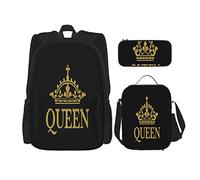 IUBBKI Set di 3 zaini con corona della regina nera e oro, astuccio portapenne, borsa porta pranzo, per uomini, donne, ragazzi e ragazze.