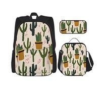 IUBBKI Set di 3 zaini con design di cactus in vaso e non in vaso, astuccio portapenne, borsa porta pranzo, combinazione per uomini, donne, ragazzi e ragazze.