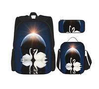 IUBBKI Set di 3 zaini con due cigni bianchi su sfondo nero, borsa, astuccio e borsa per il pranzo, per uomini, donne, ragazzi e ragazze.