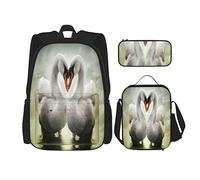 IUBBKI Set di 3 zaini con due cigni innamorati nell'acqua verde dello stagno, borsa portapenne e borsa porta pranzo, per uomini, donne, ragazzi e ragazze.