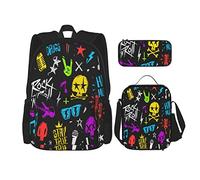 IUBBKI Set di 3 zaini con elementi rock and roll su sfondo scuro, borsa, astuccio e borsa per il pranzo, per uomini, donne, ragazzi e ragazze.