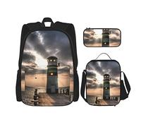 IUBBKI Set di 3 zaini con faro drammatico e luce, per le vacanze, in legno, con ponte e onde, borsa da viaggio, lavoro, scuola, astuccio, borsa per il pranzo, per uomini, donne, ragazzi e ragazze.