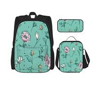 IUBBKI Set di 3 zaini con fiori botanici pastello, spazzola per le mani, borsa per libri, astuccio per il pranzo, borsa combinata per uomini, donne, ragazzi e ragazze.