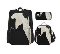 IUBBKI Set di 3 zaini con gru giapponese che vola su sfondo nero, borsa, astuccio e borsa per il pranzo, per uomini, donne, ragazzi e ragazze.