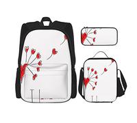 IUBBKI Set di 3 zaini con motivo a dente di leone e cuori, borsa per libri, astuccio e borsa per il pranzo, per uomini, donne, ragazzi e ragazze.