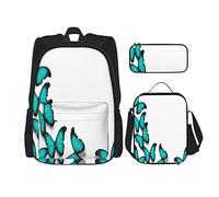 IUBBKI Set di 3 zaini con motivo a farfalle turchesi e motivo a morph primaverile, per una giornata di sole, con astuccio portapenne e borsa porta pranzo, per uomini, donne, ragazzi e ragazze.