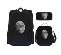 IUBBKI Set di 3 zaini con motivo a luna, pianeta, notte, cielo blu, paesaggio, borsa per libri, astuccio per il pranzo, combinazione per uomini, donne, ragazzi e ragazze.
