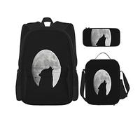 IUBBKI Set di 3 zaini con motivo a luna piena e che ulula nella notte buia, borsa per libri, astuccio portapenne, borsa per il pranzo, per uomini, donne, ragazzi e ragazze.