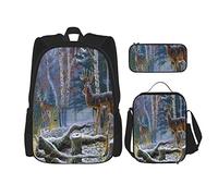 IUBBKI Set di 3 zaini con motivo a renna, neve e ceppo di betulla, borsa per libri, astuccio portapenne, borsa per il pranzo, combinazione per uomini, donne, ragazzi e ragazze.
