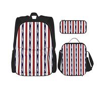 IUBBKI Set di 3 zaini con motivo a squalo americano e a righe blu navy e rosse e bianche, astuccio portapenne e borsa porta pranzo per uomo, donna, ragazzo e ragazza.