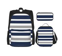 IUBBKI Set di 3 zaini con motivo a strisce blu e grigio, senza cuciture, astuccio portapenne e borsa porta pranzo, per uomini, donne, ragazzi e ragazze.