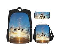 IUBBKI Set di 3 zaini con motivo aereo al tramonto, borsa, astuccio e borsa per il pranzo, per uomini, donne, ragazzi e ragazze.