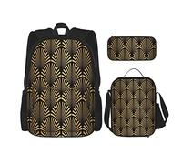 IUBBKI Set di 3 zaini con motivo Art Déco senza cuciture, nero e oro, borsa portapenne, borsa per il pranzo, combinazione per uomo, donna, ragazzo e ragazza.