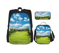 IUBBKI Set di 3 zaini con motivo: campo da golf verde e cielo nuvoloso blu in Europa, borsa, astuccio e borsa per il pranzo, per uomini, donne, ragazzi e ragazze.