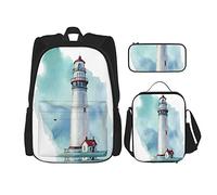 IUBBKI Set di 3 zaini con motivo: faro, nautico, rosso, artistico, edificio, costa, borsa, astuccio, pranzo, borsa, combinazione per uomo, donna, ragazzo e ragazza.