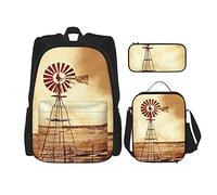IUBBKI Set di 3 zaini con mulino a vento, astuccio portapenne, borsa per il pranzo, combinazione per uomini, donne, ragazzi e ragazze.