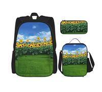 IUBBKI Set di 3 zaini con paesaggio di erba e girasole, cielo blu, nuvole, vista sulla, borsa per libri, astuccio per matite, borsa per il pranzo, combinazione per uomini, donne, ragazzi e ragazze.