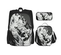 IUBBKI Set di 3 zaini con paesaggio le in bianco e nero e montagne alte coperte da neve pesante, borsa per libri, astuccio portapenne e borsa per il pranzo, per uomini, donne, ragazzi e ragazze.