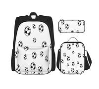 IUBBKI Set di 3 zaini con palloni da calcio di diverse dimensioni, ricoperti da uno sfondo bianco, borsa portapenne e borsa per il pranzo, per uomini, donne, ragazzi e ragazze.