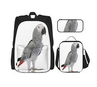 IUBBKI Set di 3 zaini con ritratto di pappagallo grigio africano, astuccio portapenne, borsa per il pranzo, per uomini, donne, ragazzi e ragazze.