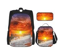 IUBBKI Set di 3 zaini con scena serale e tramonto sul mare, borsa, astuccio e borsa per il pranzo, per uomini, donne, ragazzi e ragazze.