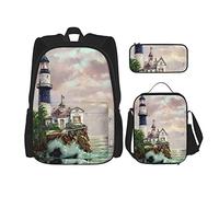 IUBBKI Set di 3 zaini con segnaletica, faro e gabbiani sulla spiaggia, barca e oceano, astuccio portapenne, borsa per il pranzo, per uomini, donne, ragazzi e ragazze.