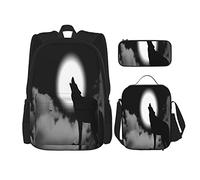 IUBBKI Set di 3 zaini con semplice illustrazione di un che ulula alla luna, borsa portapenne e borsa porta pranzo, per uomini, donne, ragazzi e ragazze.