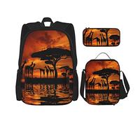 IUBBKI Set di 3 zaini con silhouette di giraffa e albero sopra l'alba in Kenya, stile savana africana, borsa per libri, astuccio portapenne, borsa per il pranzo, per uomini, donne, ragazzi e ragazze.