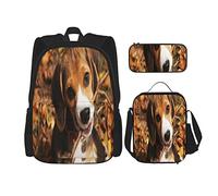 IUBBKI Set di 3 zaini con simpatico cucciolo di Beagle che morde un ramo, borsa da viaggio, astuccio portapenne, borsa per il pranzo, per uomini, donne, ragazzi e ragazze.