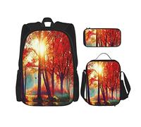 IUBBKI Set di 3 zaini con tema autunnale, parco nebbioso, autunnale, aceri, raggi di sole, boschi, borsa portapenne, borsa per il pranzo, per uomini, donne, ragazzi e ragazze.