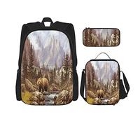IUBBKI Set di 3 zaini con tema Orso Grizzly nelle Montagne Rocciose, borsa, astuccio e borsa per il pranzo, per uomini, donne, ragazzi e ragazze.