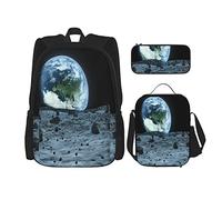 IUBBKI Set di 3 zaini con tema: spazio blu, terra vista dalla luna, borsa, astuccio e borsa per il pranzo, per uomini, donne, ragazzi e ragazze.