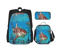 IUBBKI Set di 3 zaini con tema: squalo, squali nel mare, animali marini, squali e pesci tropicali, astuccio portapenne, borsa per il pranzo, per uomini, donne, ragazzi e ragazze.