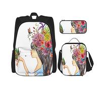 IUBBKI Set di 3 zaini con testa di fiore e ragazza carina che tiene in mano una farfalla, simbolo romantico femminile primaverile, stampa artistica, borsa da lavoro, scuola, astuccio per il pranzo
