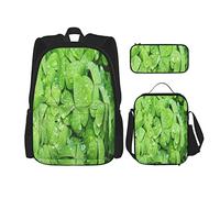 IUBBKI Set di 3 zaini con trifoglio verde realistico e gocce di rugiada, borsa moderna con astuccio portapenne e borsa per il pranzo, per uomini, donne, ragazzi e ragazze.