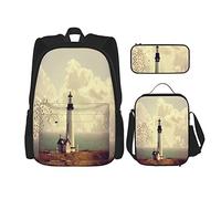 IUBBKI Set di 3 zaini con uccelli, faro, paesaggio le, borsa per libri, astuccio portapenne, borsa per il pranzo, per uomini, donne, ragazzi e ragazze.