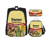 IUBBKI Set di 3 zaini con zuppa di noodle Ramen e sapore di manzo, astuccio portapenne e borsa per il pranzo, per uomini, donne, ragazzi e ragazze.