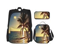 IUBBKI Set di 3 zaini da spiaggia, tramonto, tropicale, hawaiano, costiero, palma, onda, paesaggio, nero e giallo, borsa da viaggio, lavoro, scuola, astuccio, pranzo, borsa, combinazione, per uomini,
