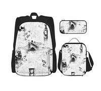 IUBBKI Set di 3 zaini in bianco e nero con sfondo di giornale inglese di Londra, borsa per libri, astuccio per matite, borsa per il pranzo, per uomini, donne, ragazzi e ragazze.
