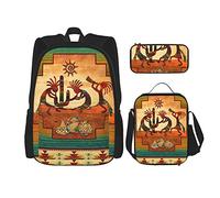 IUBBKI Set di 3 zaini (Kokopelli nativi americani del sud-ovest) con borsa per libri + borsa per il pranzo + astuccio, grazioso zaino per computer da palestra, da escursionismo e da pesca.