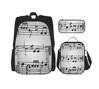 IUBBKI Set di 3 zaini neri con spartiti musicali, icone, borsa, astuccio e borsa per il pranzo, per uomini, donne, ragazzi e ragazze.