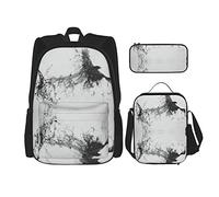 IUBBKI Set di 3 zaini (nero, corvo, grigio) con borsa per libri + borsa per il pranzo + astuccio per matite, per università, lavoro, palestra, escursionismo, pesca, borse per computer.
